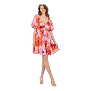 Entro Floral Print Puff Sleeve Elastic back Pink Mini Dress‎ Size Large